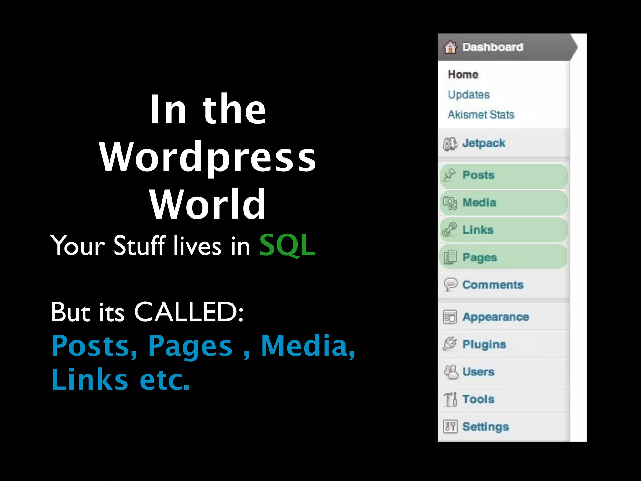 In the
    Wordpress
      World
Your Stuff lives in SQL

But its CALLED:
Posts, Pages , Media,
Links etc.
 