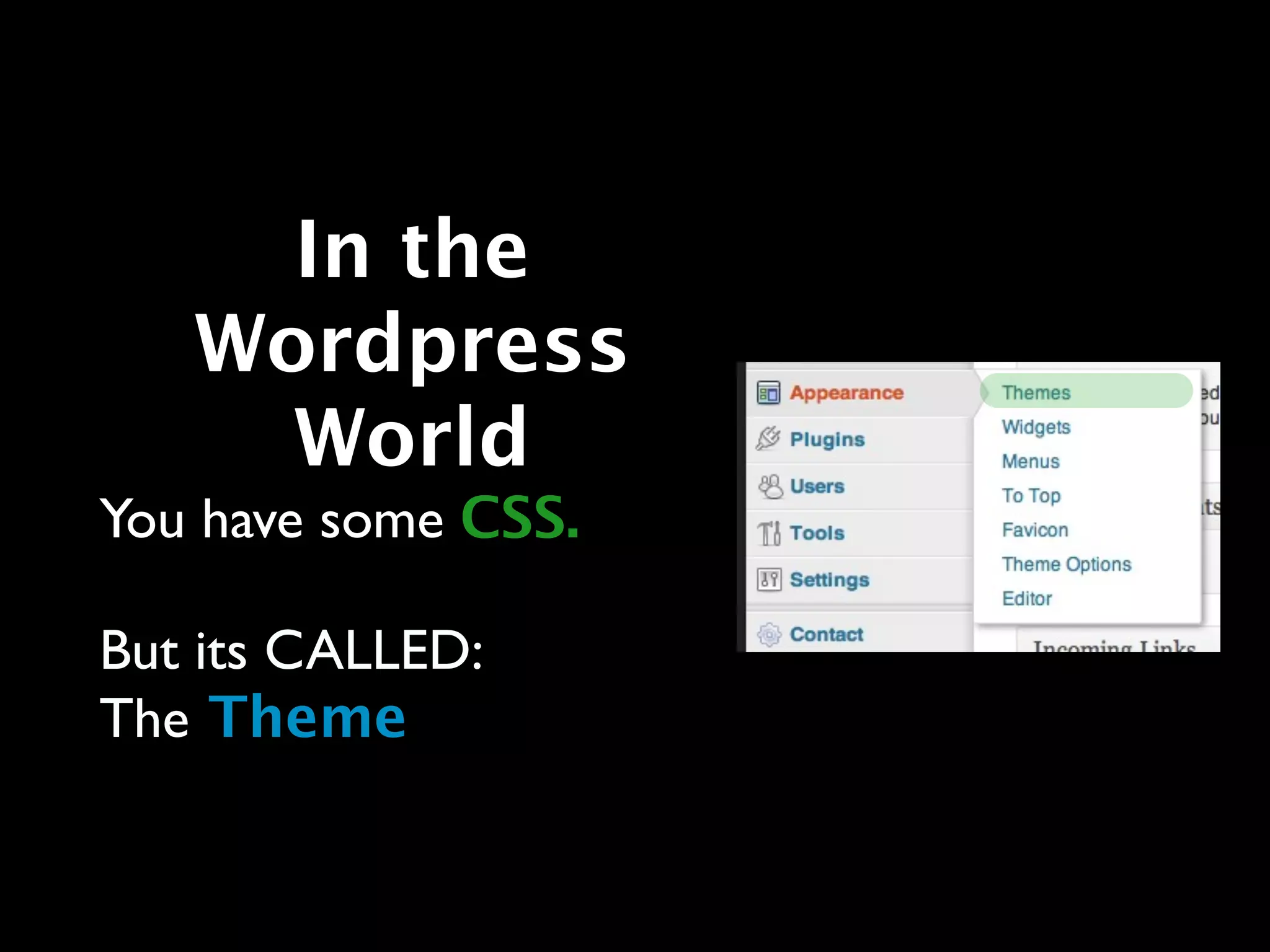 In the
   Wordpress
     World
You have some CSS.

But its CALLED:
The Theme
 