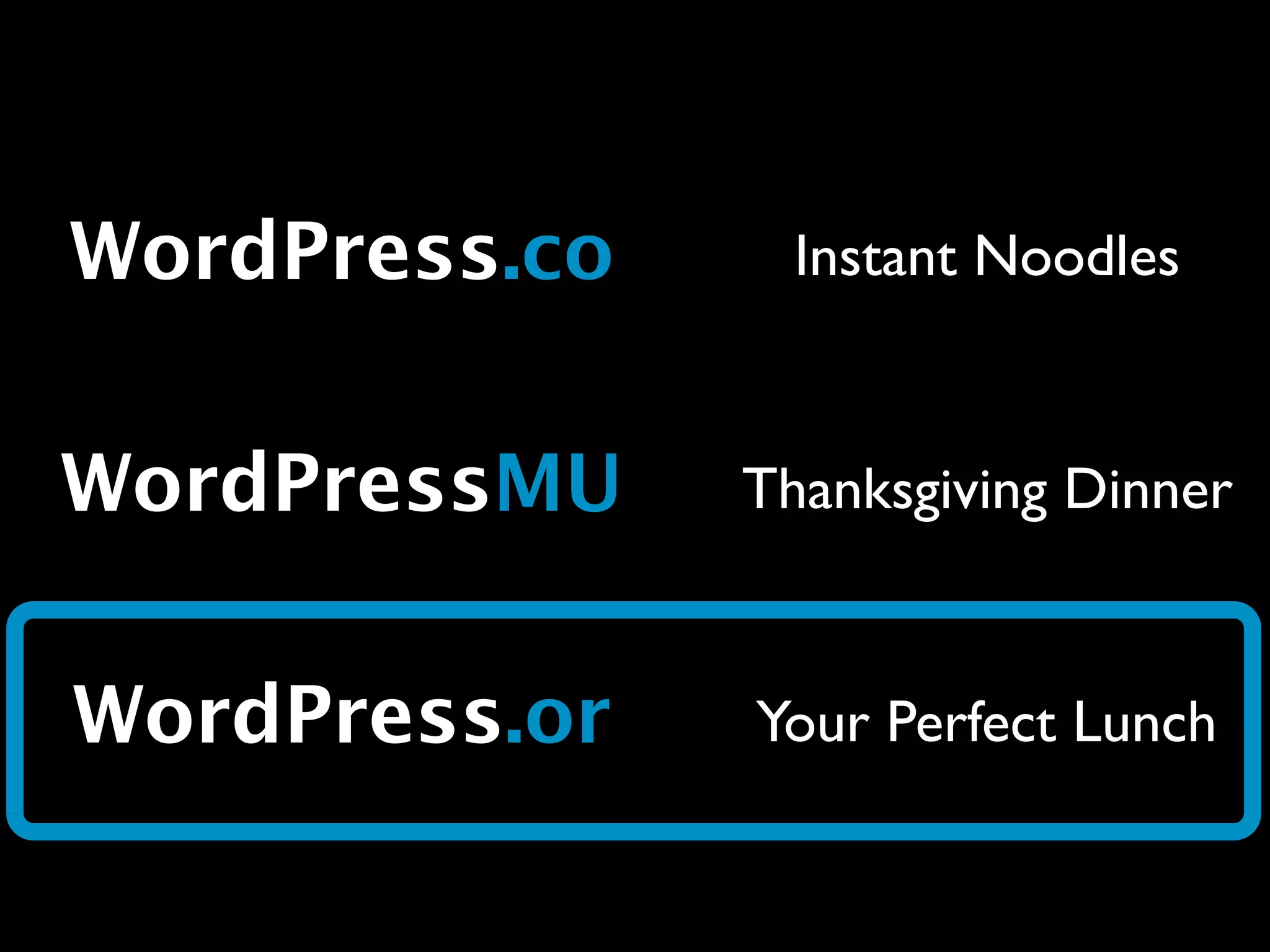 WordPress.co     Instant Noodles


WordPressMU    Thanksgiving Dinner


WordPress.or   Your Perfect Lunch
 