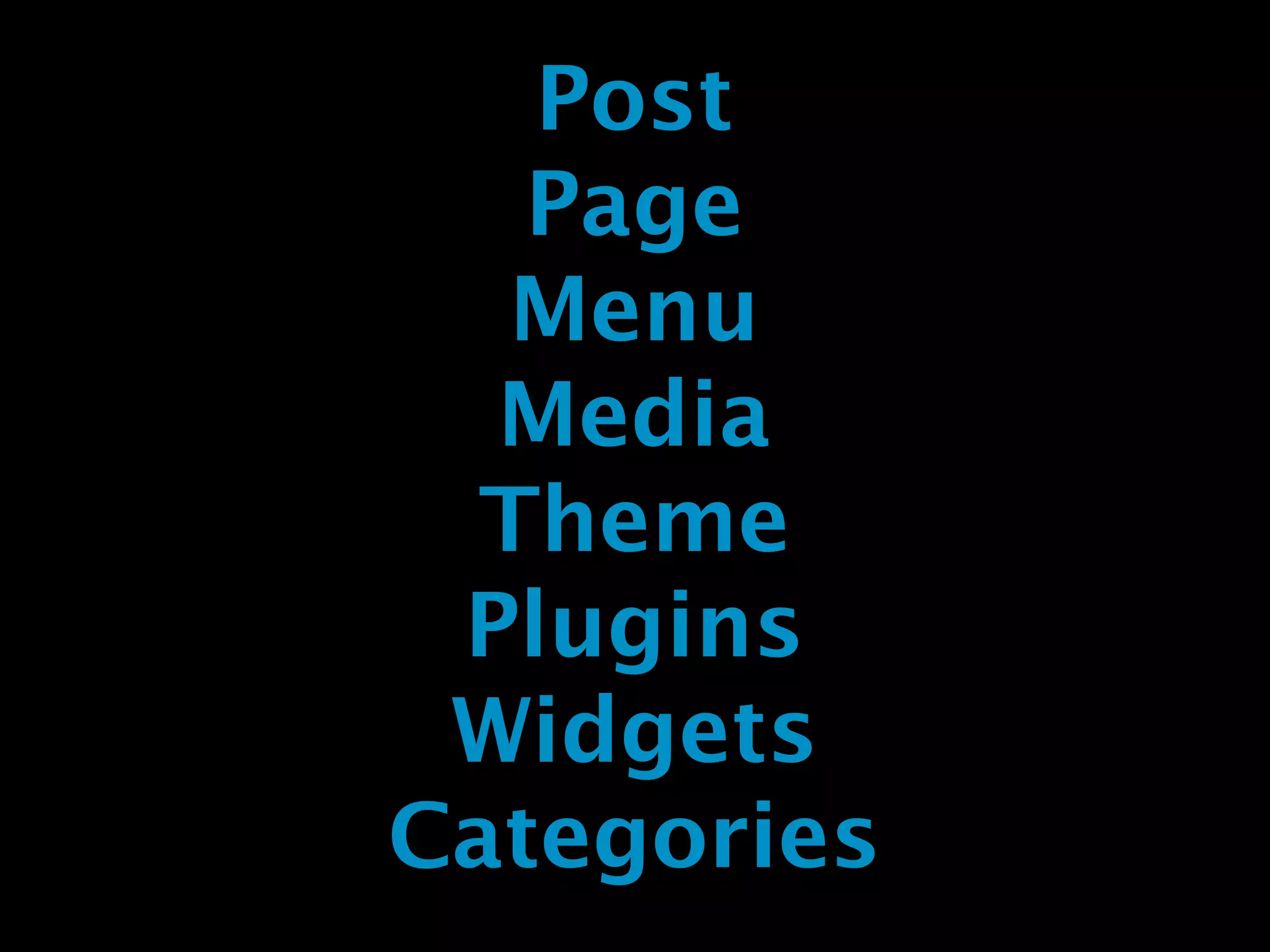 Post
   Page
  Menu
  Media
  Theme
 Plugins
 Widgets
Categories
 