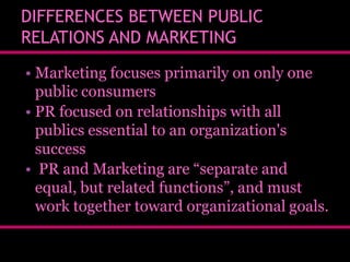 DIFFERENCES BETWEEN PUBLIC
RELATIONS AND MARKETING
• Marketing focuses primarily on only one
public consumers
• PR focused on relationships with all
publics essential to an organization's
success
• PR and Marketing are “separate and
equal, but related functions”, and must
work together toward organizational goals.

 