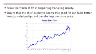  Prove the worth of PR in supporting marketing activity.
 Ensure that the chief executive knows that good PR can build better
investor relationships and thereby help the share price.
 