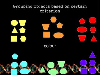 Grouping objects based on certain
criterion
colour
..
 