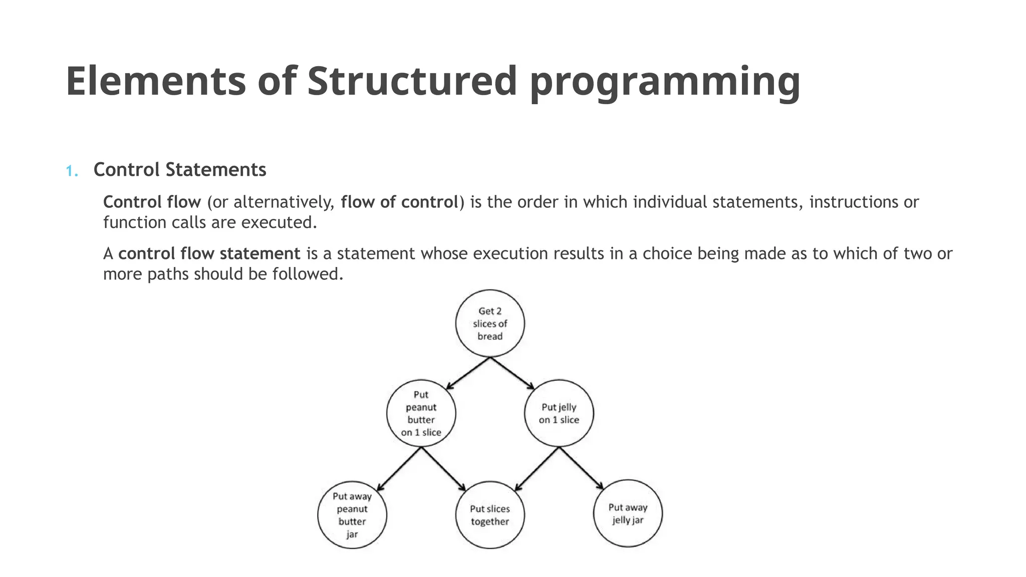 Elements of Structured programming
1. Control Statements
Control flow (or alternatively, flow of control) is the order in which individual statements, instructions or
function calls are executed.
A control flow statement is a statement whose execution results in a choice being made as to which of two or
more paths should be followed.
 