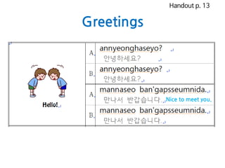 Greetings
Nice to meet you.
Handout p. 13
 