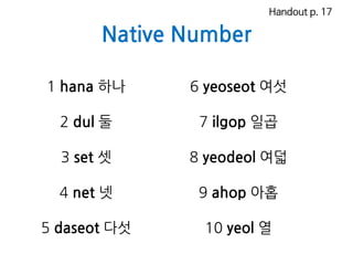 Native Number
1 hana 하나
2 dul 둘
3 set 셋
4 net 넷
5 daseot 다섯
6 yeoseot 여섯
7 ilgop 일곱
8 yeodeol 여덟
9 ahop 아홉
10 yeol 열
Handout p. 17
 