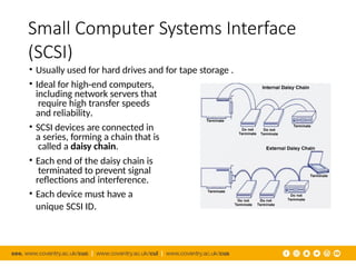 Small Computer Systems Interface
(SCSI)
• Usually used for hard drives and for tape storage .
• Ideal for high-end computers,
including network servers that
require high transfer speeds
and reliability.
• SCSI devices are connected in
a series, forming a chain that is
called a daisy chain.
• Each end of the daisy chain is
terminated to prevent signal
reflections and interference.
• Each device must have a
unique SCSI ID.
 