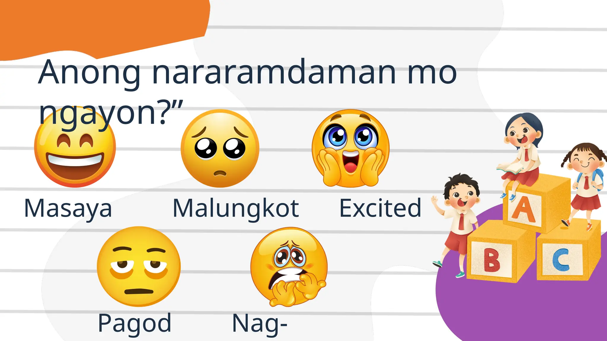Anong nararamdaman mo
ngayon?”
Masaya Malungkot Excited
Pagod Nag-
 