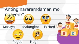 Anong nararamdaman mo
ngayon?”
Masaya Malungkot Excited
Pagod Nag-
 