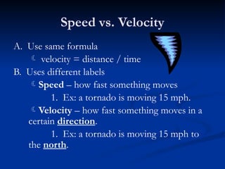 Speed vs. Velocity
A. Use same formula
 velocity = distance / time
B. Uses different labels
Speed – how fast something moves
1. Ex: a tornado is moving 15 mph.
Velocity – how fast something moves in a
certain direction.
1. Ex: a tornado is moving 15 mph to
the north.
 