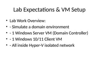 Lab Expectations & VM Setup
• Lab Work Overview:
• - Simulate a domain environment
• - 1 Windows Server VM (Domain Controller)
• - 1 Windows 10/11 Client VM
• - All inside Hyper-V isolated network
 