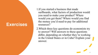 Exercises
1.If you started a business that made
surfboards, what factors of production would
you need to make your product? Where
would you get them? Where would you find
the money you’d need to pay for additional
resources?
2.Which three key questions do economists try
to answer? Will answers to these questions
differ, depending on whether they’re working
in the United States or in Cuba? Explain your
answer.
19
 