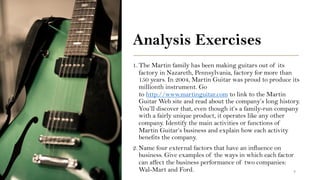 Analysis Exercises
1. The Martin family has been making guitars out of its
factory in Nazareth, Pennsylvania, factory for more than
150 years. In 2004, Martin Guitar was proud to produce its
millionth instrument. Go
to http://www.martinguitar.com to link to the Martin
Guitar Web site and read about the company’s long history.
You’ll discover that, even though it’s a family-run company
with a fairly unique product, it operates like any other
company. Identify the main activities or functions of
Martin Guitar’s business and explain how each activity
benefits the company.
2. Name four external factors that have an influence on
business. Give examples of the ways in which each factor
can affect the business performance of two companies:
Wal-Mart and Ford. 9
 