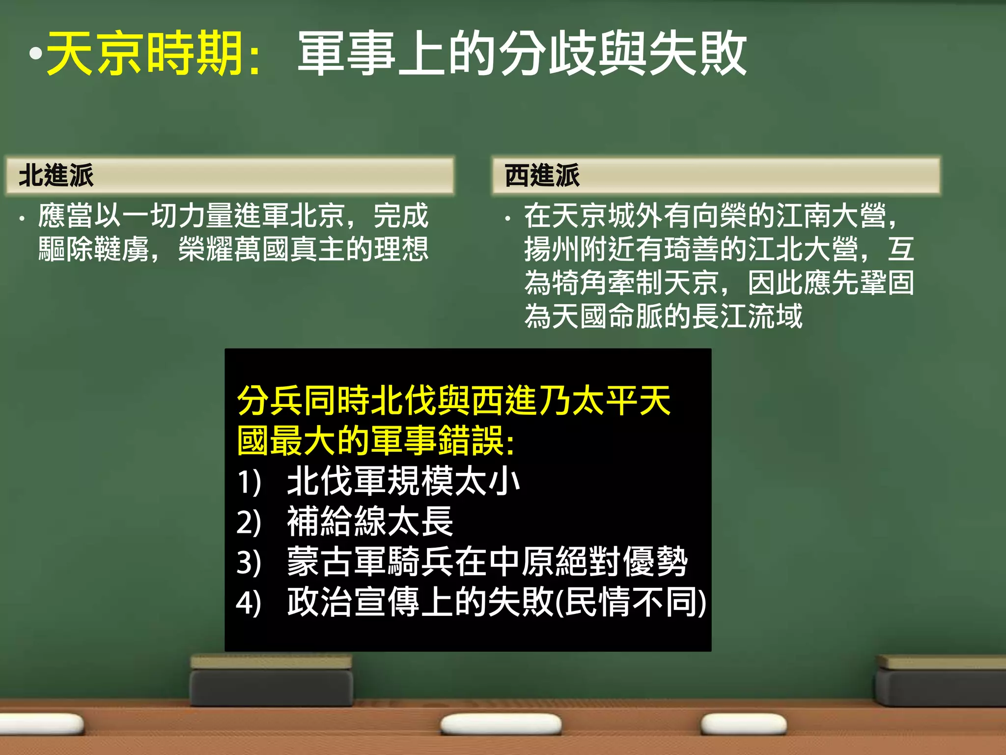 •天京時期：軍事上的分歧與失敗

北進派                  西進派
•   應當以一切力量進軍北京，完成   •   在天京城外有向榮的江南大營，
    驅除韃虜，榮耀萬國真主的理想       揚州附近有琦善的江北大營，互
                         為犄角牽制天京，因此應先鞏固
                         為天國命脈的長江流域


           分兵同時北伐與西進乃太平天
           國最大的軍事錯誤：
           1) 北伐軍規模太小
           2) 補給線太長
           3) 蒙古軍騎兵在中原絕對優勢
           4) 政治宣傳上的失敗(民情不同)
 