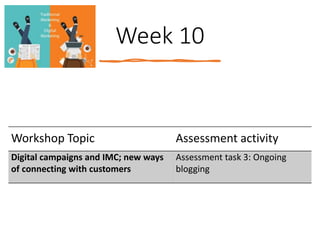 Week 10
Workshop Topic Assessment activity
Digital campaigns and IMC; new ways
of connecting with customers
Assessment task 3: Ongoing
blogging
 