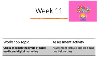 Week 11
Workshop Topic Assessment activity
Critics of social; the limits of social
media and digital marketing
Assessment task 3: Final blog post
due before class
 