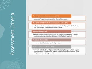 Assessment
Criteria
•Evidence of implementation executed during the semester.
The HOW: Implementation execution (20%)
•Reflection of implementation in accordance with the ‘Why, Who & What’ of the
plan. Evaluation of audience value-on value added.
The ‘WHY, WHO & WHAT’: Reflection on value added (30%)
•Feedback on the implementations must be included as an appendix. Feedback
must outline the name, contact details, and the feedback received.
Industry feedback (5%)
•Demonstrates reflection on feedback provided.
Feedback reflection (10%)
•Purposely crafted video / PK presentation illustrating how you built one of your
implementations. Clearly outline how the implementation addressed the plan’s
‘Why, Who & What’ (Assignment 1).
Implementation visualisation (35%)
 