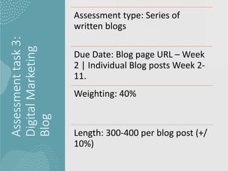 Assessment
task
3:
Digital
Marketing
Blog
Assessment type: Series of
written blogs
Due Date: Blog page URL – Week
2 | Individual Blog posts Week 2-
11.
Weighting: 40%
Length: 300-400 per blog post (+/
10%)
 
