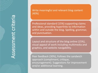 Assessment
criteria
Write meaningful and relevant blog content
(40%)
Professional standard (15%) supporting claims
and ideas, providing hyperlinks to information
within and outside the blog. Spelling, grammar,
and punctuation.
Layout and structure of the blog online (15%),
visual appeal of work including multimedia and
graphics, and website navigability.
Peer feedback (30%), Follows the sandwich
approach (compliment, critique,
encouragement). Suggestions for improvement
and/or additional learning.
 