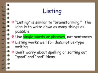 Listing Writing Examples Week 1 writing process(prewrite) - Part 2.ppt
