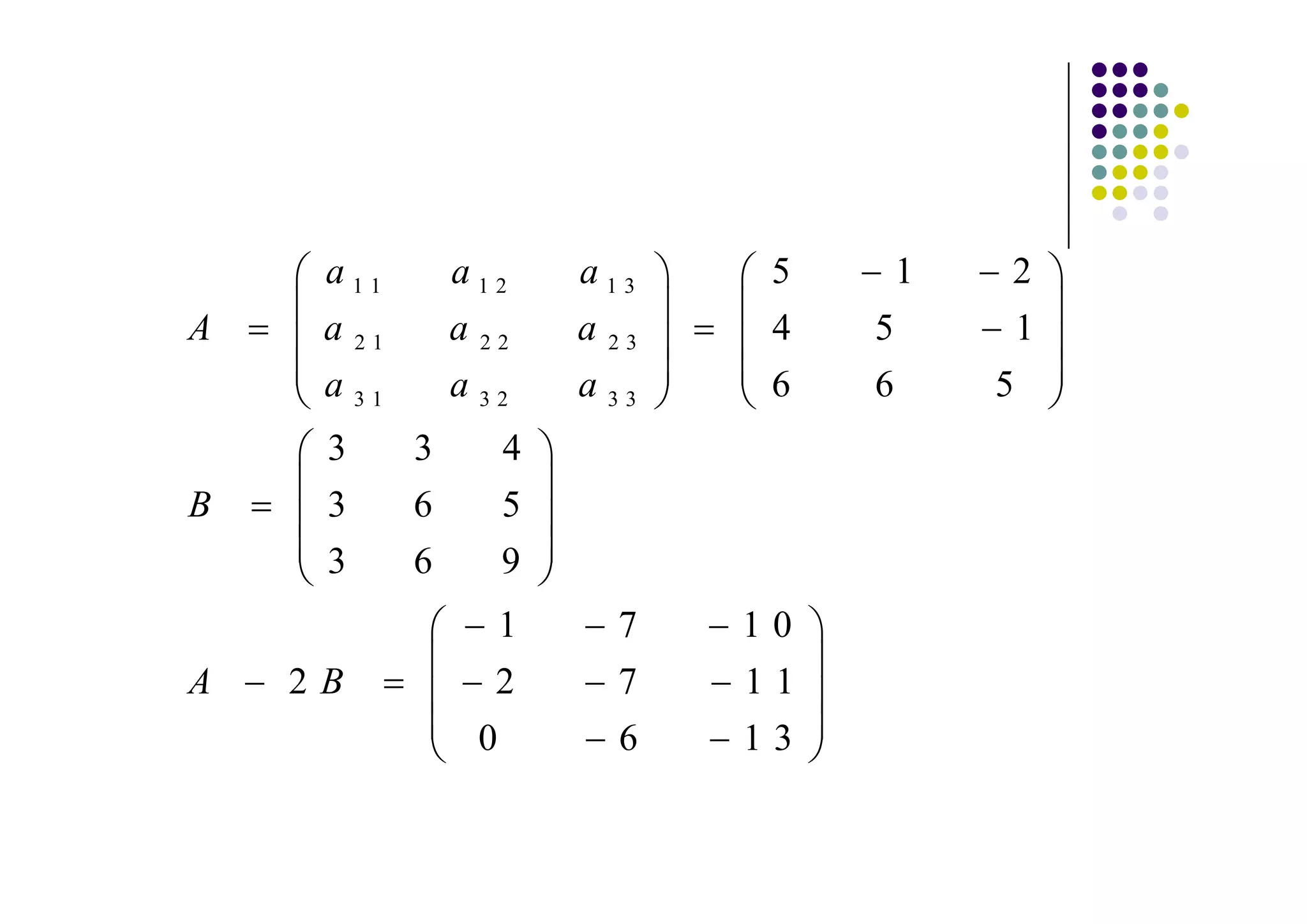 a11          a12      a13       5       1   2
A    a   21       a   22   a   23    4   5           1
     a 31         a 32     a 33      6   6       5
     3        3        4
B    3        6        5
     3        6        9
                       1       7    10
A   2B                 2       7    11
                      0        6    13
 