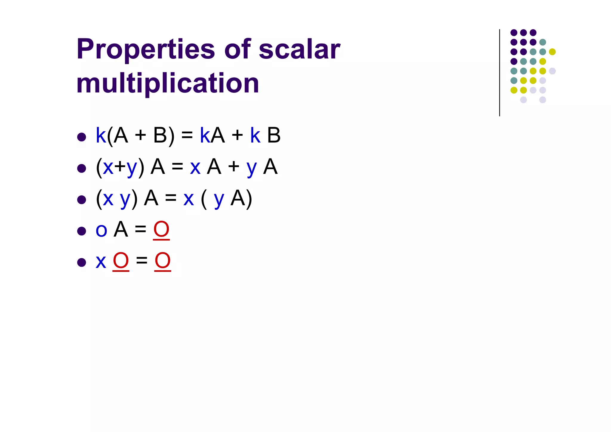 k(A + B) = kA + k B
(x+y) A = x A + y A
(x y) A = x ( y A)
oA=O
xO=O
 
