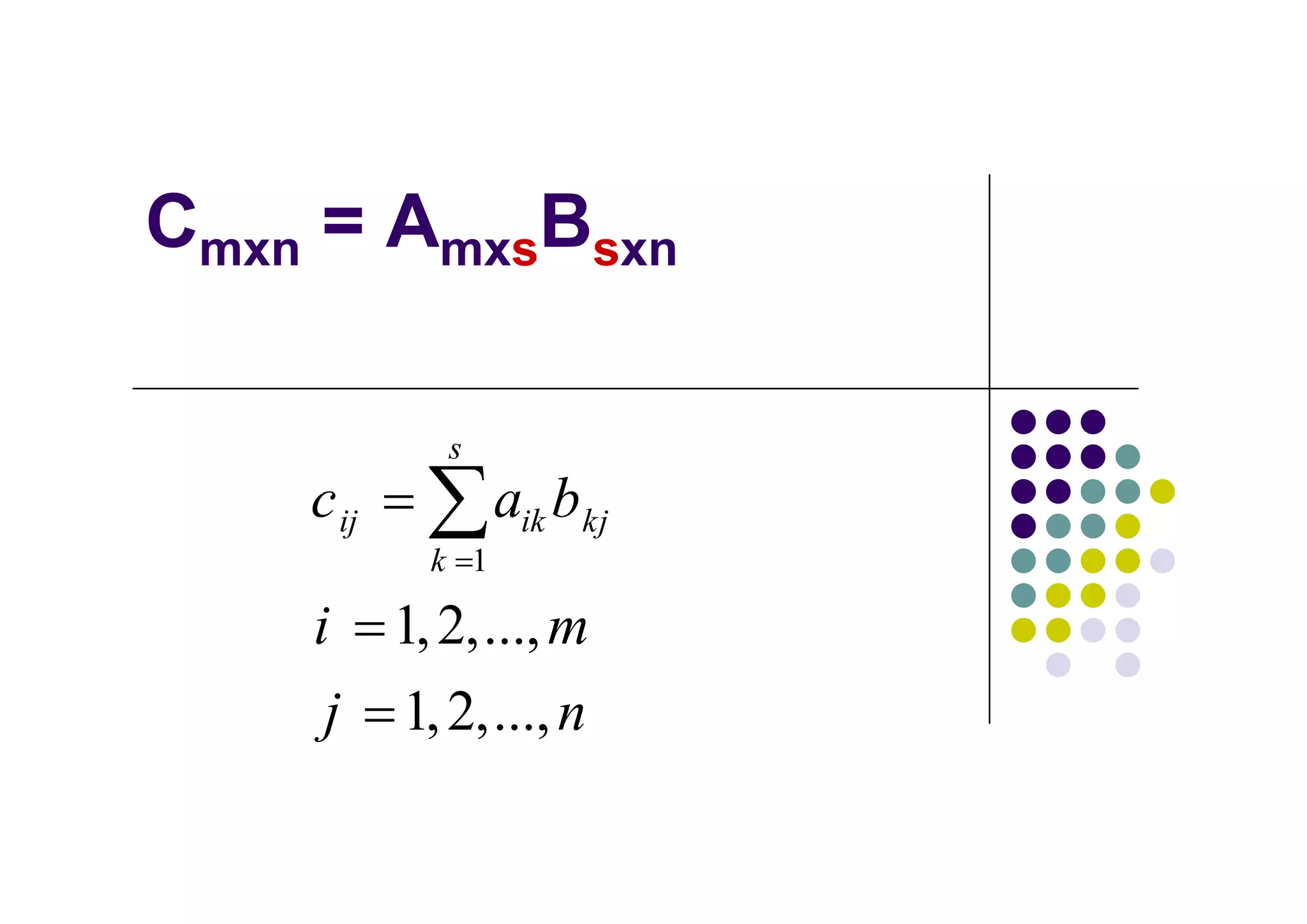 mxn            mxs         sxn


                s
      c ij           aik b kj
               k 1

      i      1, 2,..., m
       j     1, 2,..., n
 