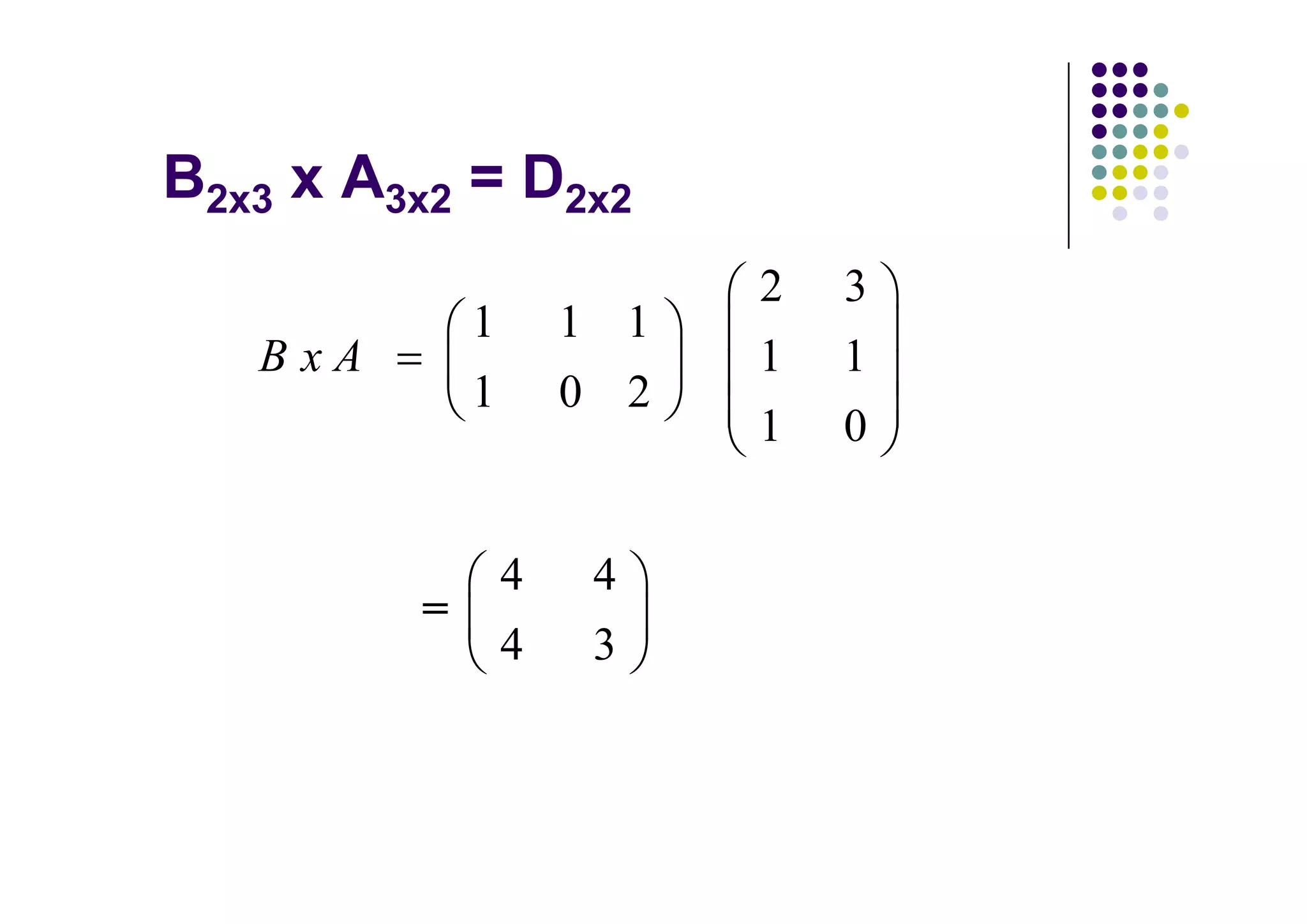 2x3     3x2           2x2

                            2   3
              1       1 1
  BxA                       1   1
              1       0 2
                            1   0


                  4    4
         =
                  4    3
 