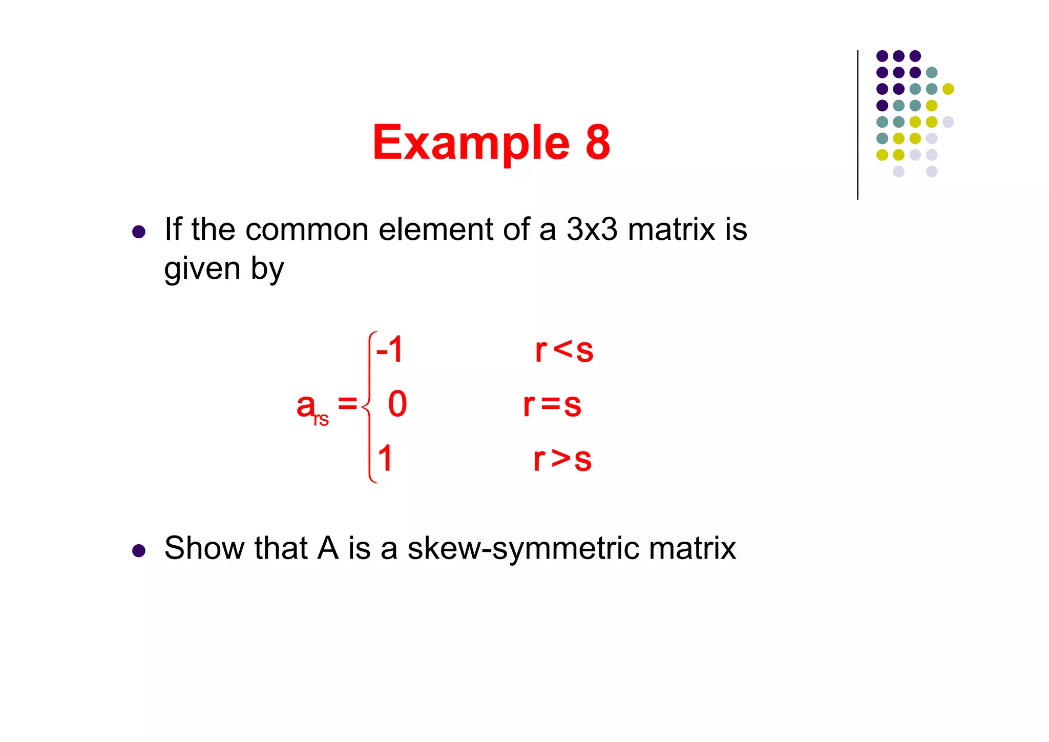 If the common element of a 3x3 matrix is
given by



          rs




Show that A is a skew-symmetric matrix
 