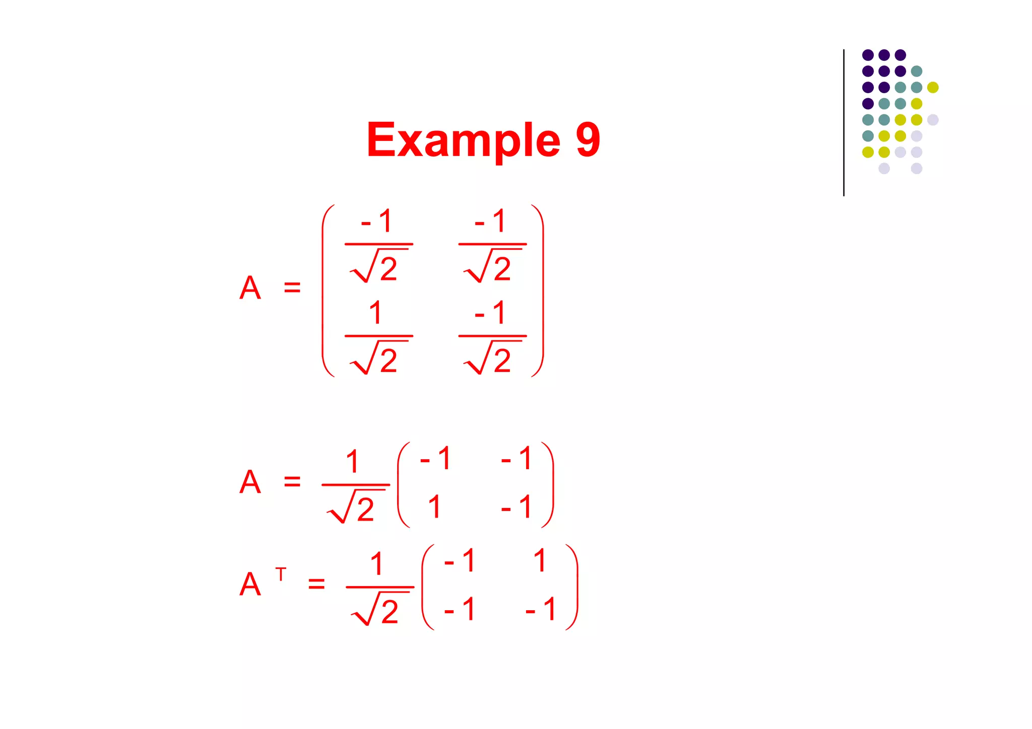 -1        -1
              2         2
A =
             1         -1
              2         2


            1     -1    -1
A =
             2    1     -1
    T        1     -1       1
A       =
              2    -1       -1
 