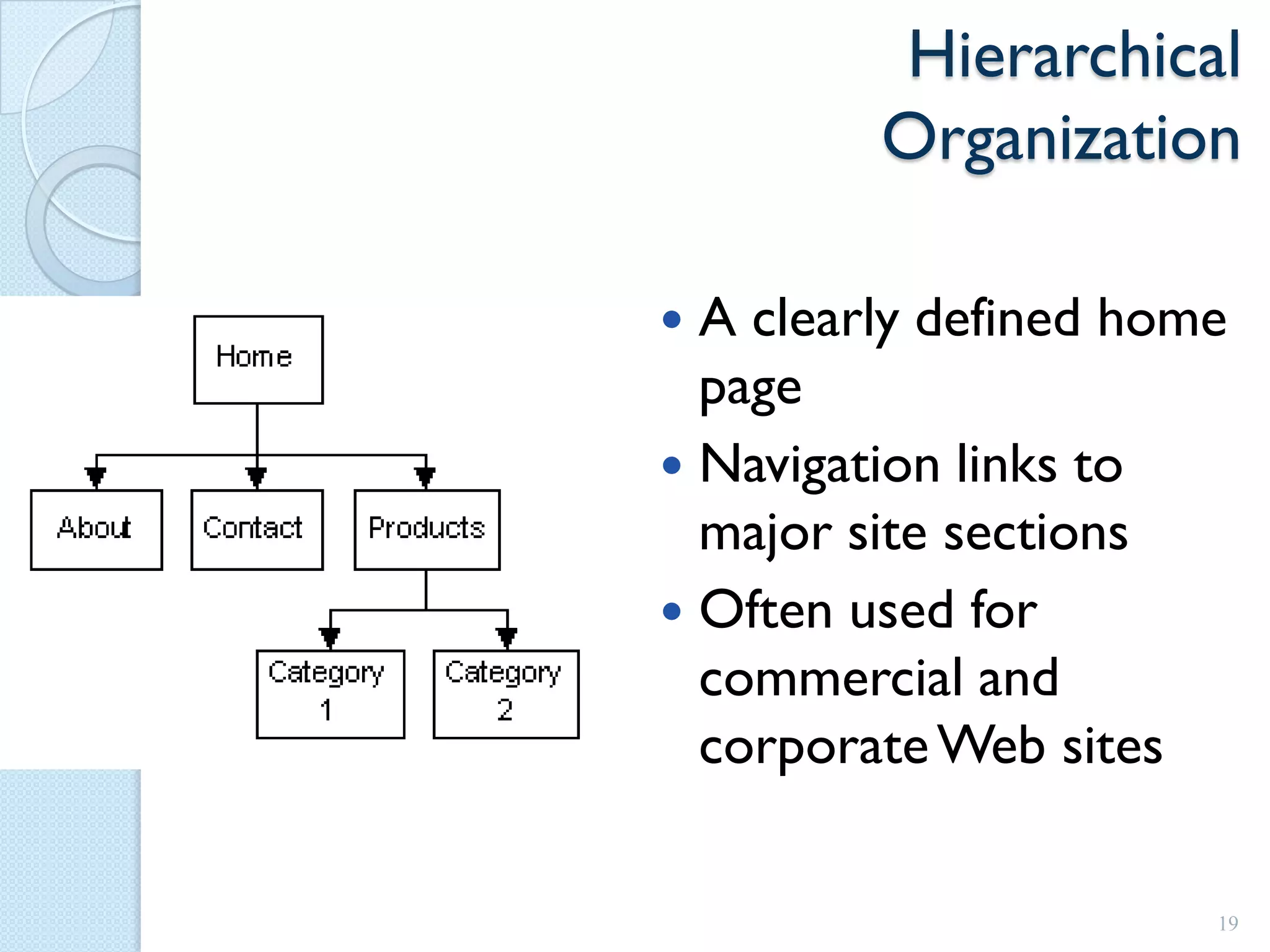 Hierarchical
         Organization

 A clearly defined home
  page
 Navigation links to
  major site sections
 Often used for
  commercial and
  corporate Web sites

                       19
 