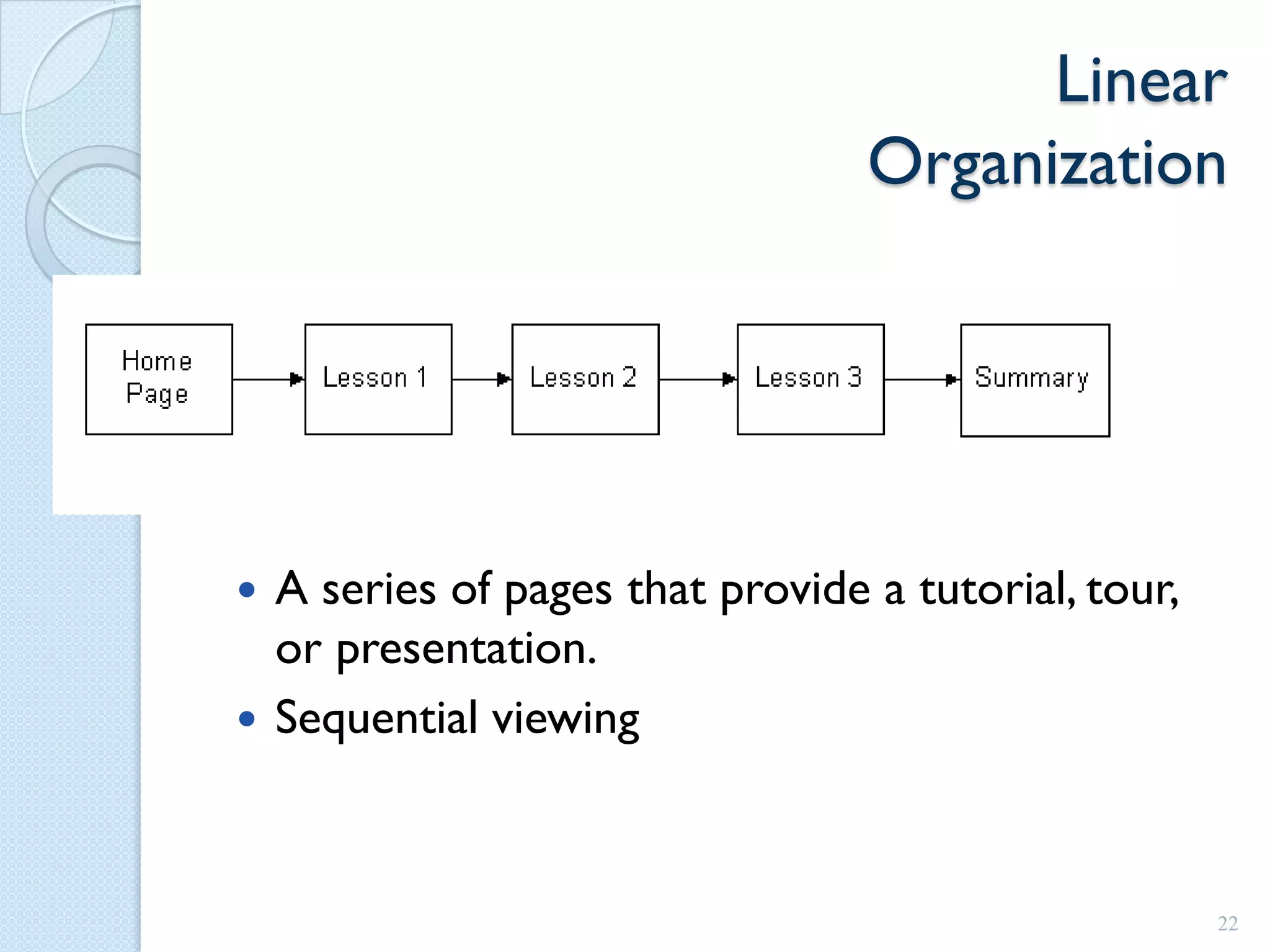 Linear
                                 Organization




 A series of pages that provide a tutorial, tour,
  or presentation.
 Sequential viewing



                                                     22
 