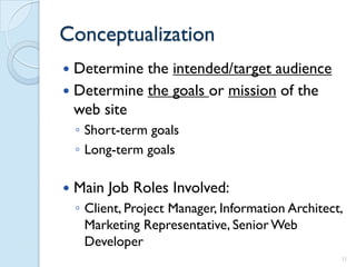 Conceptualization
 Determine the intended/target audience
 Determine the goals or mission of the
  web site
    ◦ Short-term goals
    ◦ Long-term goals

   Main Job Roles Involved:
    ◦ Client, Project Manager, Information Architect,
      Marketing Representative, Senior Web
      Developer
                                                    11
 