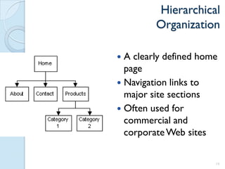 Hierarchical
         Organization

 A clearly defined home
  page
 Navigation links to
  major site sections
 Often used for
  commercial and
  corporate Web sites

                       19
 