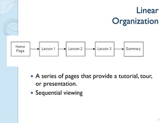Linear
                                 Organization




 A series of pages that provide a tutorial, tour,
  or presentation.
 Sequential viewing



                                                     22
 