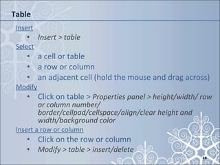 Table Insert Insert > table Select   a cell or table a row or column an adjacent cell (hold the mouse and drag across) Modify Click on table >  Properties panel > height/width/ row or column number/ border/cellpad/cellspace/align/clear height and width/background color Insert a row or column Click on the row or column Modify > table > insert/delete 