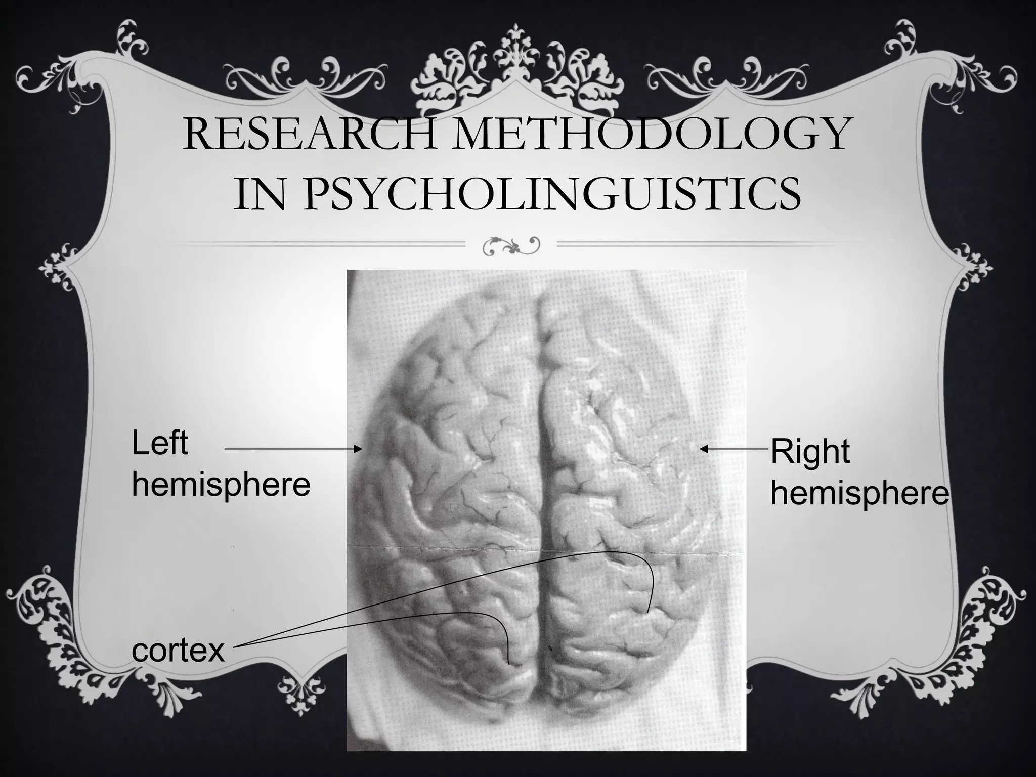 RESEARCH METHODOLOGY
IN PSYCHOLINGUISTICS
Left
hemisphere
Right
hemisphere
cortex
 