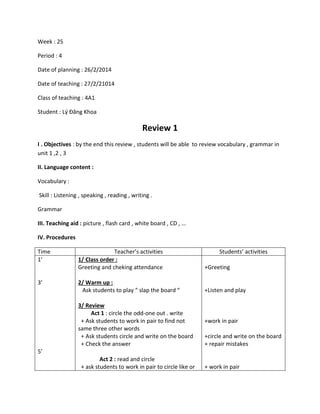 Week : 25
Period : 4
Date of planning : 26/2/2014
Date of teaching : 27/2/21014
Class of teaching : 4A1
Student : Lý Đăng Khoa
Review 1
I . Objectives : by the end this review , students will be able to review vocabulary , grammar in
unit 1 ,2 , 3
II. Language content :
Vocabulary :
Skill : Listening , speaking , reading , writing .
Grammar
III. Teaching aid : picture , flash card , white board , CD , …
IV. Procedures
Time Teacher’s activities Students’ activities
1’
3’
5’
1/ Class order :
Greeting and cheking attendance
2/ Warm up :
Ask students to play “ slap the board “
3/ Review
Act 1 : circle the odd-one out . write
+ Ask students to work in pair to find not
same three other words
+ Ask students circle and write on the board
+ Check the answer
Act 2 : read and circle
+ ask students to work in pair to circle like or
+Greeting
+Listen and play
+work in pair
+circle and write on the board
+ repair mistakes
+ work in pair
 