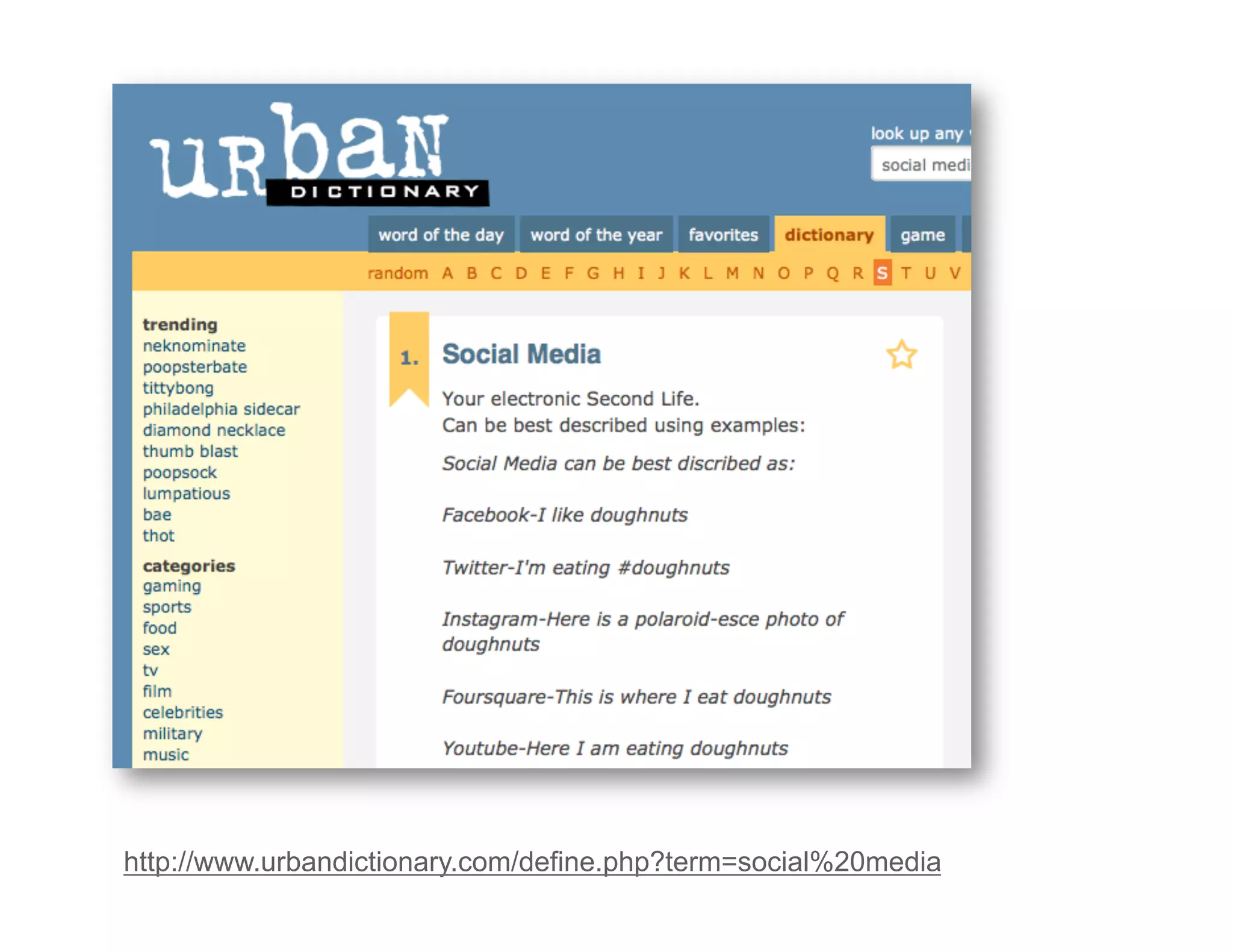 http://www.urbandictionary.com/define.php?term=social%20media 
 