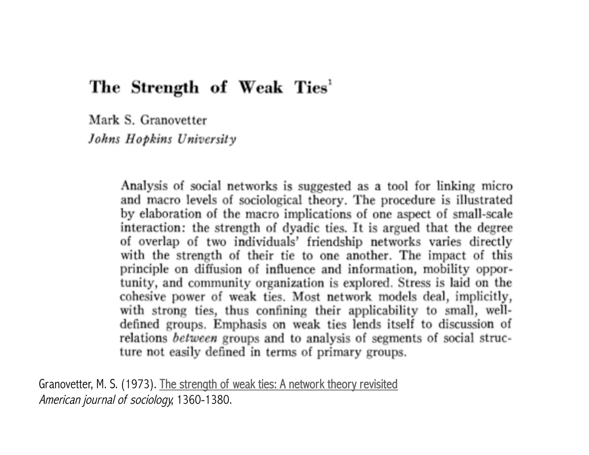 Granovetter, M. S. (1973). The strength of weak ties: A network theory revisited 
American journal of sociology, 1360-1380. 
 