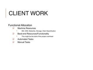 CLIENT WORK
Functional Allocation
 Machine Resources
 DB, CDN, Networks, Storage, Client Specification
 Back-end Resources/Functionality
 This might be the bulk of the project overhead
 Automated Tasks
 Manual Tasks
 
