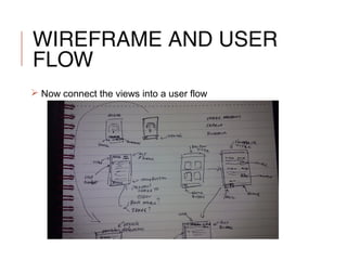 WIREFRAME AND USER
FLOW
 Now connect the views into a user flow
 