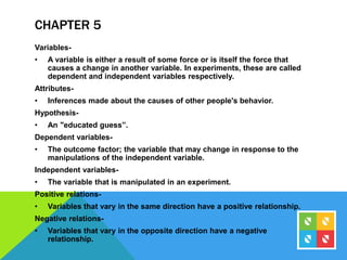 CHAPTER 5
Variables-
• A variable is either a result of some force or is itself the force that
causes a change in another variable. In experiments, these are called
dependent and independent variables respectively.
Attributes-
• Inferences made about the causes of other people's behavior.
Hypothesis-
• An "educated guess”.
Dependent variables-
• The outcome factor; the variable that may change in response to the
manipulations of the independent variable.
Independent variables-
• The variable that is manipulated in an experiment.
Positive relations-
• Variables that vary in the same direction have a positive relationship.
Negative relations-
• Variables that vary in the opposite direction have a negative
relationship.
 