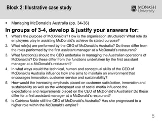 5
 Managing McDonald’s Australia (pp. 34-36)
In groups of 3-4, develop & justify your answers for:
1. What’s the purpose of McDonald’s? How is the organisation structured? What role do
employees play in assisting McDonald’s achieve its stated purpose?
2. What role(s) are performed by the CEO of McDonald’s Australia? Do these differ from
the roles performed by the first assistant manager at a McDonald’s restaurant?
3. What function(s) should the CEO undertake in managing the Australian operations of
McDonald’s? Do these differ from the functions undertaken by the first assistant
manager at a McDonald’s restaurant?
4. In what ways would the technical, human and conceptual skills of the CEO of
McDonald’s Australia influence how she aims to maintain an environment that
encourages innovation, customer service and sustainability?
5. How would the increasing emphasis placed on customer satisfaction, innovation and
sustainability as well as the widespread use of social media influence the
expectations and requirements placed on the CEO of McDonald’s Australia? Do these
differ for a first assistant manager at a McDonald’s restaurant?
6. Is Catriona Noble still the CEO of McDonald’s Australia? Has she progressed to a
higher role within the McDonald’s empire?
Block 2: Illustrative case study
 