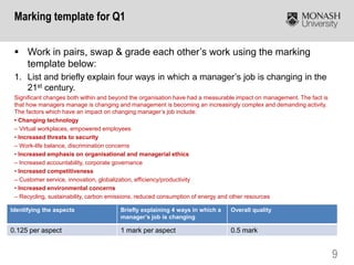 9
 Work in pairs, swap & grade each other’s work using the marking
template below:
1. List and briefly explain four ways in which a manager’s job is changing in the
21st century.
Significant changes both within and beyond the organisation have had a measurable impact on management. The fact is
that how managers manage is changing and management is becoming an increasingly complex and demanding activity.
The factors which have an impact on changing manager’s job include:
• Changing technology
– Virtual workplaces, empowered employees
• Increased threats to security
– Work-life balance, discrimination concerns
• Increased emphasis on organisational and managerial ethics
– Increased accountability, corporate governance
• Increased competitiveness
– Customer service, innovation, globalization, efficiency/productivity
• Increased environmental concerns
– Recycling, sustainability, carbon emissions, reduced consumption of energy and other resources
Marking template for Q1
Identifying the aspects Briefly explaining 4 ways in which a
manager’s job is changing
Overall quality
0.125 per aspect 1 mark per aspect 0.5 mark
 