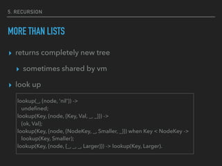 5. RECURSION
MORE THAN LISTS
▸ returns completely new tree
▸ sometimes shared by vm
▸ look up
lookup(_, {node, 'nil'}) ->
undeﬁned;
lookup(Key, {node, {Key, Val, _, _}}) ->
{ok, Val};
lookup(Key, {node, {NodeKey, _, Smaller, _}}) when Key < NodeKey ->
lookup(Key, Smaller);
lookup(Key, {node, {_, _, _, Larger}}) -> lookup(Key, Larger).
 