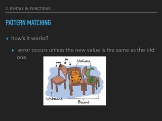 3. SYNTAX IN FUNCTIONS
PATTERN MATCHING
▸ how’s it works?
▸ error occurs unless the new value is the same as the old
one
 