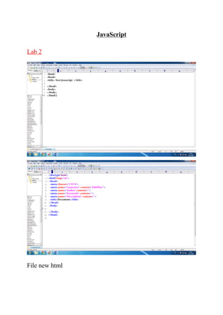 JavaScript
Lab 2
File new html
 
