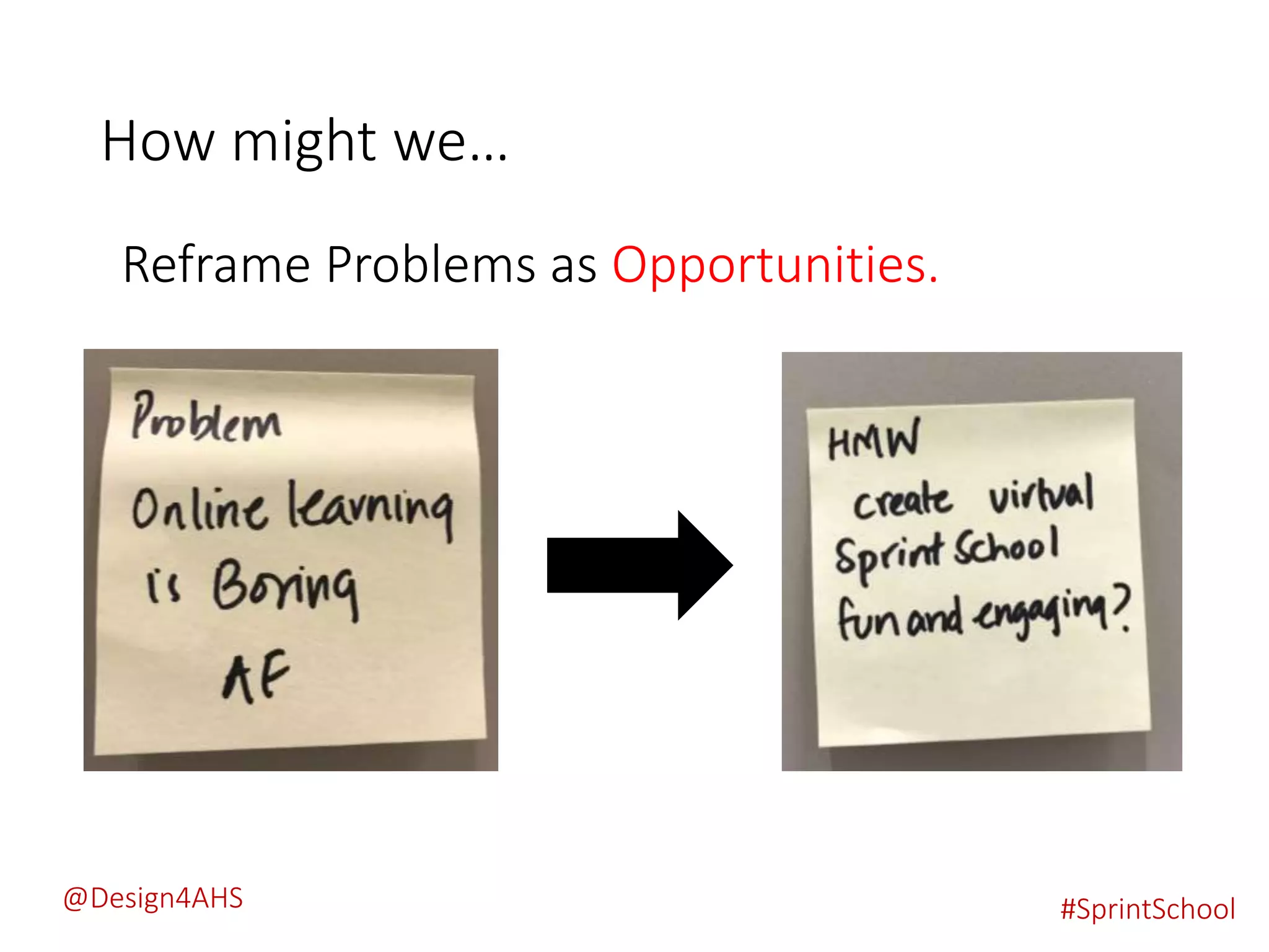How might we…
#SprintSchool
Reframe Problems as Opportunities.
@Design4AHS
 
