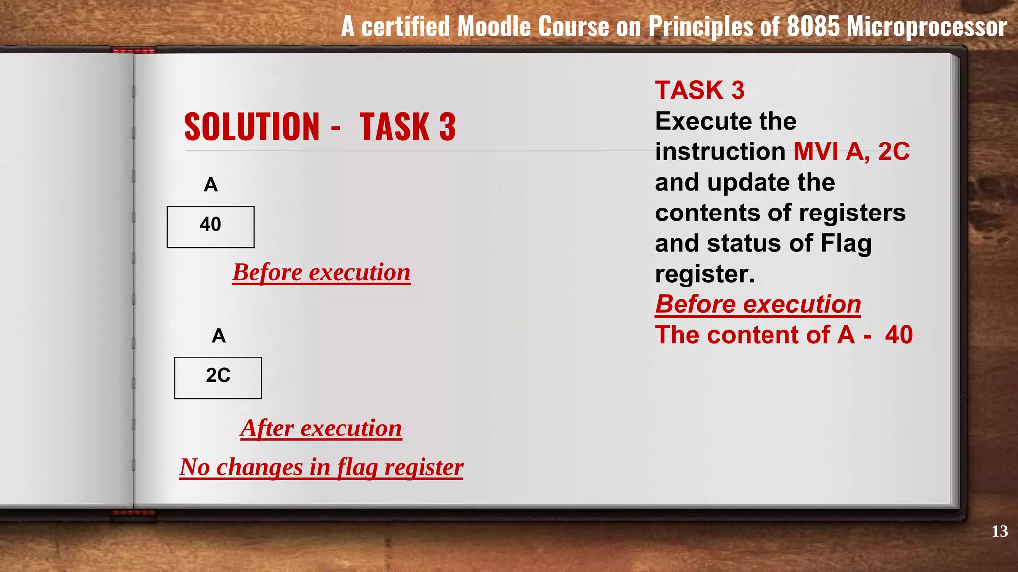 SOLUTION - TASK 3
Before execution
After execution
No changes in flag register
13
A certified Moodle Course on Principles of 8085 Microprocessor
A
40
2C
A
TASK 3
Execute the
instruction MVI A, 2C
and update the
contents of registers
and status of Flag
register.
Before execution
The content of A - 40
 